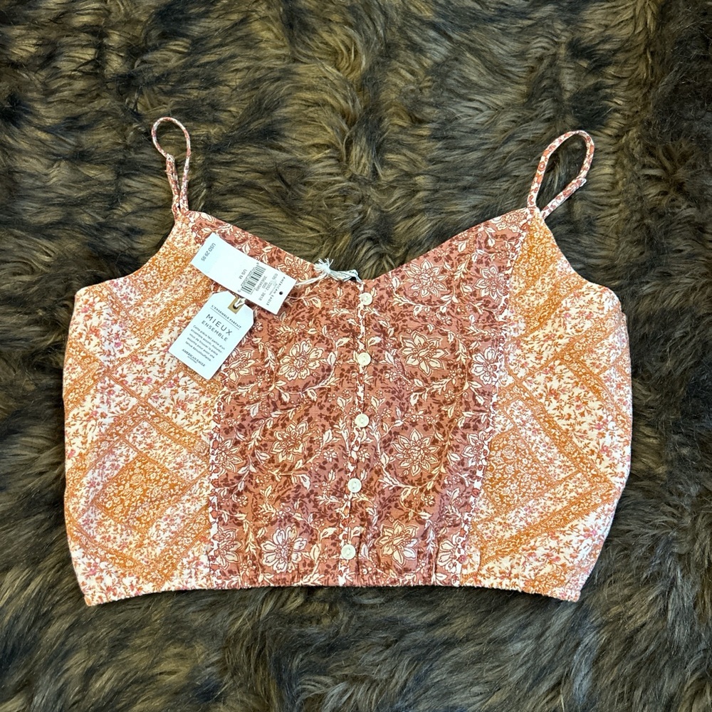 American Eagle Outfitters Patchwork Floral Crop Top - Pink and Orange
